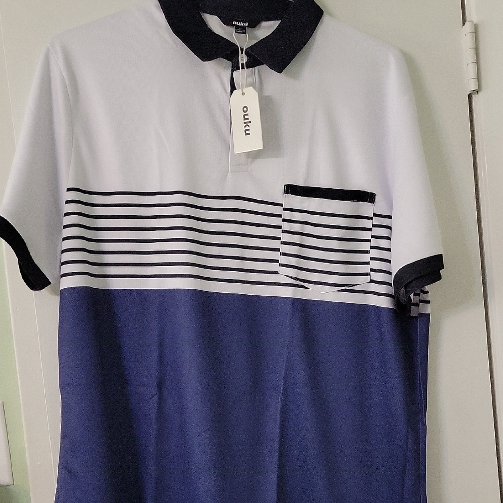 Navy and White Striped Polo Shirt